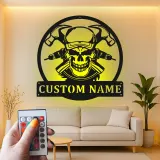 Panneau en métal personnalisé avec crâne de mécanicien | Décoration murale LED pour garage | Plaque de nom de l'atelier | Cadeau pour lui