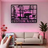 Custom Bear Forest Scene Led Light Metal Wall Art Personalized Wildlife Gift Cabin Decor for Nature Lovers