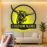 Décoration murale en métal personnalisée avec longhorn et rétroéclairage LED - Cadeau pour rancher, décoration de style western pour la maison