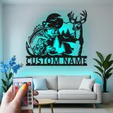 Insegna in metallo personalizzata con cervo e pesce persico retroilluminata LED regalo per amanti della natura decorazione per cabin o man cave