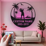 Décoration murale en métal personnalisée pour golfeur avec LED | Déco sur mesure pour club de golf | Panneau gravé avec prénom | Cadeau pour passionné de golf