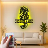 Cartel de metal personalizado de caballito de mar con LED | Arte mural náutico personalizado | Regalo de decoración para casa de playa y hogar costero