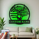 Custom Deer American Flag Led Light Metal Wall Art Personalized Gift for Hunters Rustic Man Cave Decor