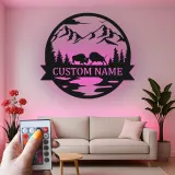 Cartel de metal personalizado con escena de montaña y bisonte iluminado LED, regalo para amantes de la naturaleza, decoración para cabañas o lodges