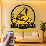 Décoration murale en métal personnalisée avec lumière LED en forme de cardinal - Cadeau pour amoureux de la nature - Décor de jardin ou de patio