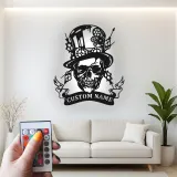 Insegna in metallo LED Teschio Steampunk | Insegna con Nome Personalizzato per Man Cave | Decorazione per Stanza di Gioco Gotica con Cappello a Cilindro e Ingranaggi