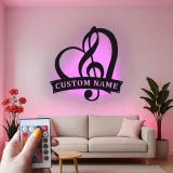 Panneau note de musique personnalisé | Décoration murale en métal LED sur mesure | Cadeau romantique pour musicien | Décor cœur et clé de sol