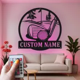 Cartel de golf personalizado con luces LED | Decoración mural de metal a medida | Decoración con nombre de golfista para sala de juegos y bar en casa