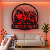 Cartel de metal personalizado de lobo y montaña con luz LED Regalo para amantes de la naturaleza Decoración rústica de cabaña