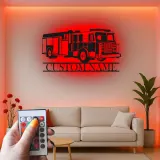 Insegna in metallo personalizzata con autopompa | Decorazione murale LED per vigili del fuoco | Decorazione su misura con nome per caserma | Regalo per pompiere