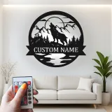 Personalisierte Wolf Heulende Bergszene LED Metall-Wandkunst Geschenk für Naturfreunde Cabin oder Lodge Dekor