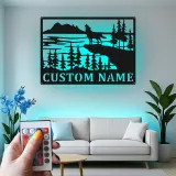 Custom Wolf Howling Landscape Led Light Metal Wall Art Personalized Nature Lover Gift Cabin Decor