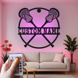 Panneau de crosse personnalisé avec LED | Art mural en métal avec prénom | Déco chambre athlète | Cadeau sportif pour garçons et ados
