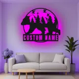 Custom Bear Forest Led Light Metal Wall Art Personalized Gift for Nature Lovers Cabin or Lodge Decor 1