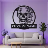 Floral Skull LED Metal Sign | Personalized Gothic Wall Art | Custom Name Decor for Bedroom, Studio & Living Room