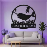 Personalized Narwhal Metal Sign | LED Nursery Night Light | Custom Ocean Theme Wall Art | Kids Room Decor