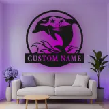 Custom Dolphin Ocean Scene Led Light Metal Wall Art Personalized Beach Lover Gift Coastal Living Room Decor