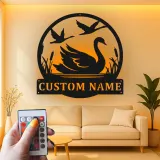 Décoration murale en métal personnalisée Cygne et Oies avec Rétroéclairage Cadeau pour Amoureux de la Nature Chambre ou Salon