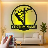 Lineman LED Metal Wall Art | Personalized Utility Worker Gift | Custom Name Powerline Technician Sign for Man Cave or Office Decor