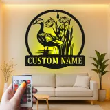 Insegna in metallo LED personalizzata con anatra e canne - Regalo natura, decorazione giardino o patio