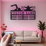Custom Swimmer LED Medal Hanger | Personalized Metal Wall Art | Swim Team Gift | Athletic Display Decor