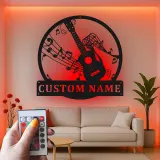 Décoration murale en métal LED guitare personnalisée | Enseigne musicien avec nom | Déco de salle de musique et studio