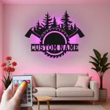 Cartel de hachas cruzadas personalizado | Arte mural LED de sierra circular | Decoración de leñador personalizada | Regalo para carpinteros | Cartel de cabaña rústica