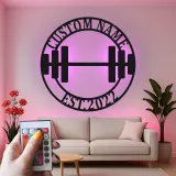 Insegna palestra personalizzata con luce LED | Decorazione murale in metallo personalizzata per casa e studio fitness | Idea regalo per weightlifting
