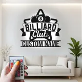 Custom Billiard Club Led Light Metal Wall Art Personalized Gift for Pool Players Game Room Decor