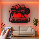 Insegna in metallo LED personalizzata con bufalo e wilderness - Regalo per amanti della natura, decorazione per cabin rustica