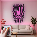 Cartel de Metal LED Personalizado con Calavera y Armas | Arte Mural Patriótico de la Bandera Americana | Regalo Personalizado para Veteranos Militares para Cueva de Hombre o Garaje