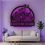 Insegna in metallo personalizzata con luce LED di locomotiva a vapore per appassionati di treni, regalo per man cave o decorazione per ufficio