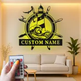 Custom Lighthouse Wall Art | Personalized LED Metal Sign with Nautical Waves | Beach House Decor & Sailor Gift