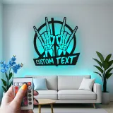 Insegna Rock On con Mani Scheletriche | Arte in Metallo LED Personalizzata | Targa per Amanti della Musica e Decorazione Gotica