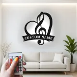 Panneau note de musique personnalisé | Décoration murale en métal LED sur mesure | Cadeau romantique pour musicien | Décor cœur et clé de sol