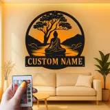 Cartel de metal personalizado de Buda meditando con luz LED regalo zen para entusiastas del yoga decoración tranquila del hogar