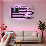 Panneau LED drapeau de pêche sur mesure | Décoration murale en métal personnalisée | Cadeau patriotique pour pêcheur | Déco maison de lac