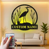 Insegna in metallo personalizzata con Airone e luci LED | Arte murale di fauna selvatica personalizzata | Decorazione per patio esterno per casa al lago | Regalo per amanti degli uccelli