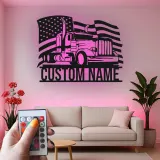 Personalized Semi Truck Metal Art | LED American Flag Sign | Patriotic Trucker Decor & Gift for Man Cave | Laser Cut Steel