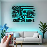 Enseigne personnalisée pour pompier en métal avec LED | Décoration murale personnalisée de camion de pompiers | Cadeau pour pompier pour déco de caserne