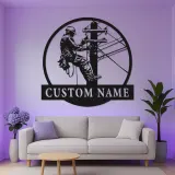 Arte mural LED de metal para liniero | Cartel personalizado con nombre para electricista | Regalo personalizado para trabajador de servicios públicos | Decoración industrial para oficina y garaje