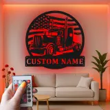 Panneau Métallique LED Personnalisé de Camion Semi | Art Mural avec Drapeau Américain | Cadeau Personnalisé pour Camionneur pour Man Cave & Garage