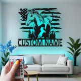 Panneau LED en métal personnalisé avec cheval | Décoration murale équestre | Décor de grange drapeau américain | Cadeau pour amoureux des chevaux