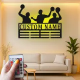 Décoration murale en métal personnalisée avec éclairage LED pour joueurs de basketball - Cadeau personnalisé pour fans de sport