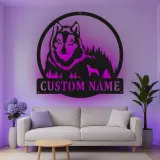 Cartel de metal personalizado con luz LED de bosque de lobos Regalo personalizado para amantes de la naturaleza Decoración rústica de cabaña