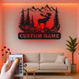 Custom Moose Mountain Scene Led Light Metal Wall Art Personalized Nature Gift for Outdoorsman Cabin Decor