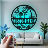 Personalized Flamingo Metal Sign | LED Tropical Wall Art for Patio & Beach House | Custom Name Sunset Decor