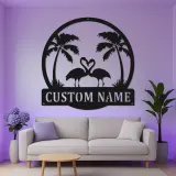 Panneau LED Couple Flamant Rose Personnalisé | Art mural en métal | Décor de maison de plage tropical pour cadeau d'anniversaire