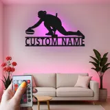 Personalisierte LED-Metall-Wandkunst mit Curling-Spieler – Sportgeschenk für Curling-Fans, Deko fürs Spielzimmer