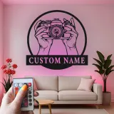 Fotograf LED-Schild | Individuelle Metall-Wandkunst für Studio-Dekor | Personalisierte Vintage-Kamera-Geschenk